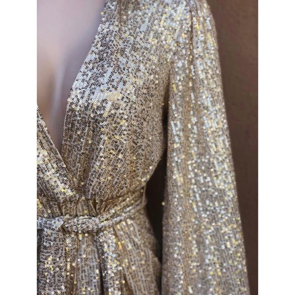 Gold Sequence Long Sleeve Tie Waist Mini Dress - Picture 6 of 6